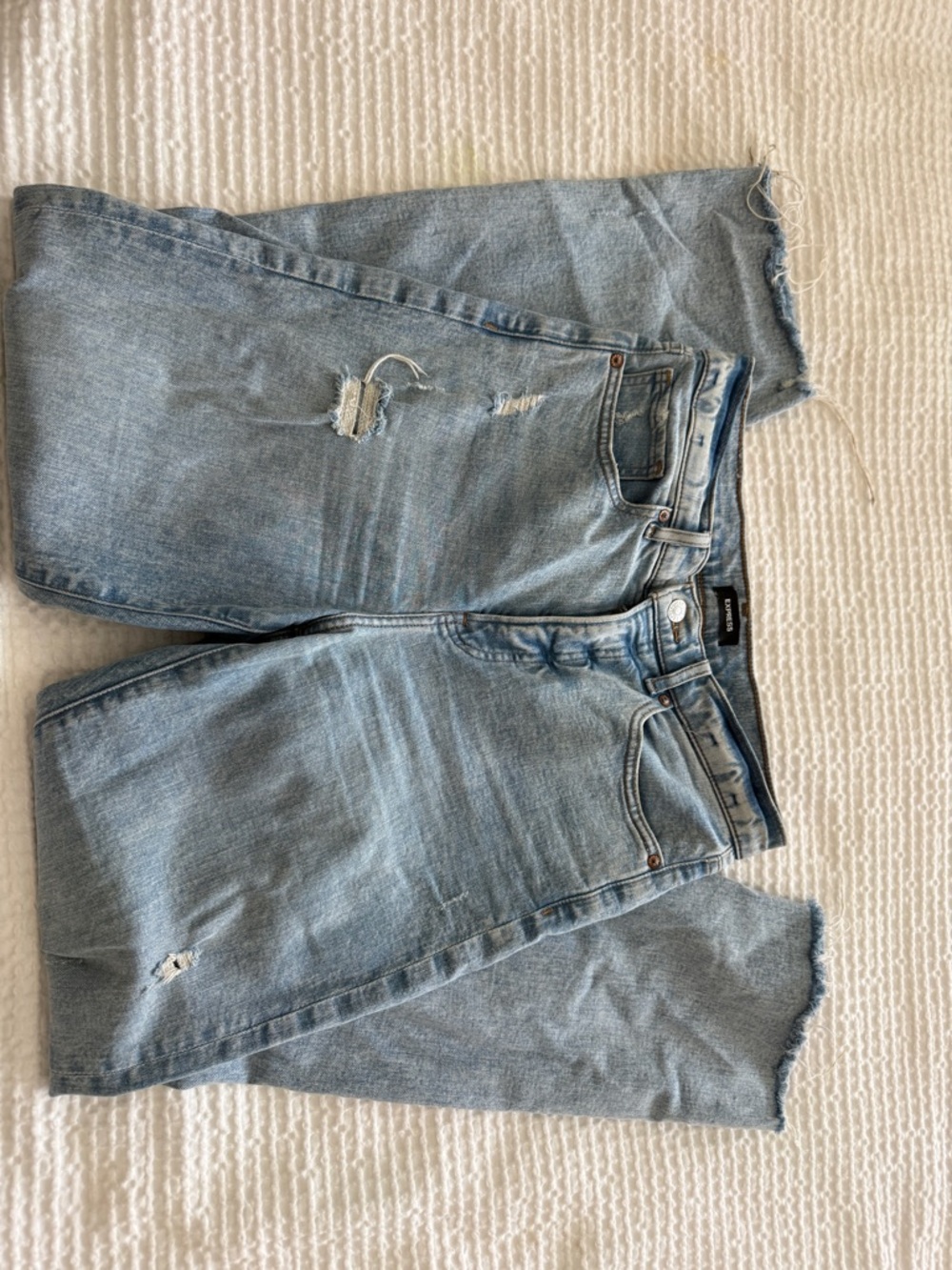 Express Light Blue Straight Leg Women's Jeans with Distressed Accents